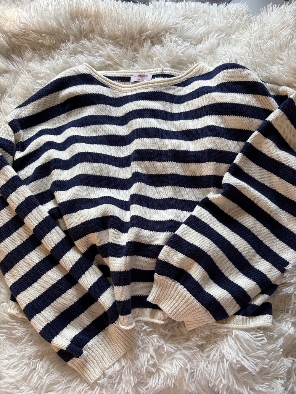 Navy and Cream Striped Crewneck Sweater